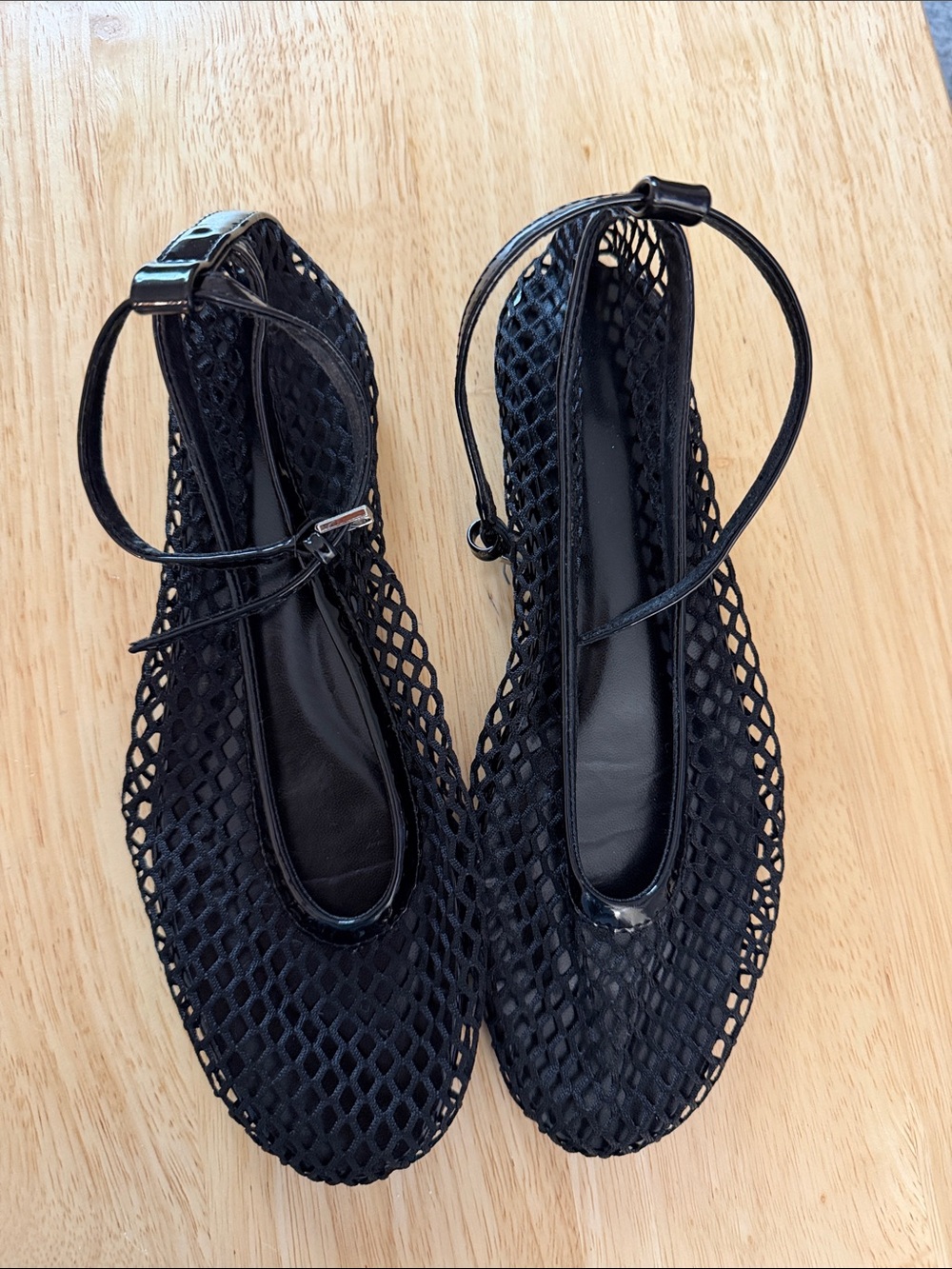 Black Mesh Ankle-Strap Women’s Flats
